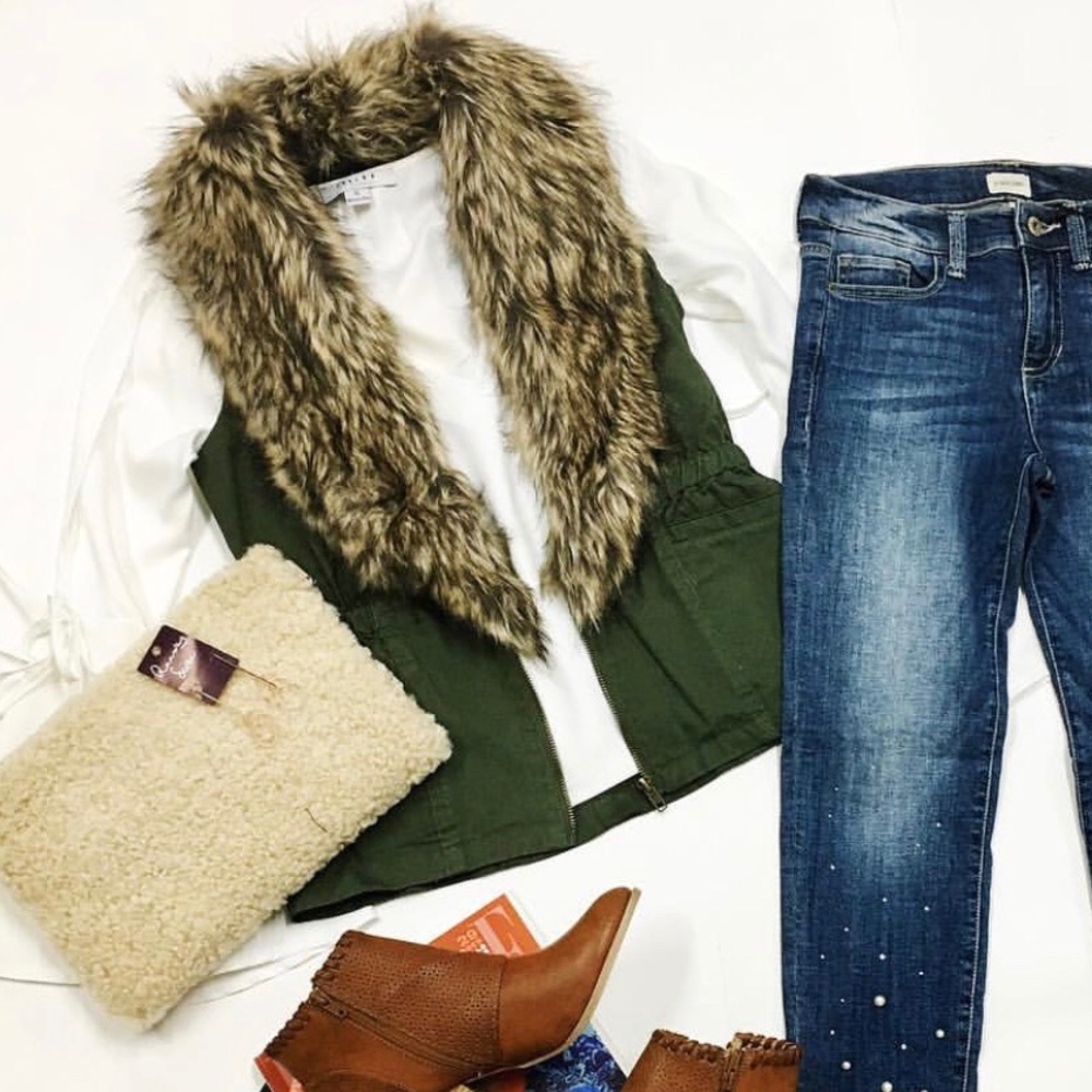 Army green faux fur vest!